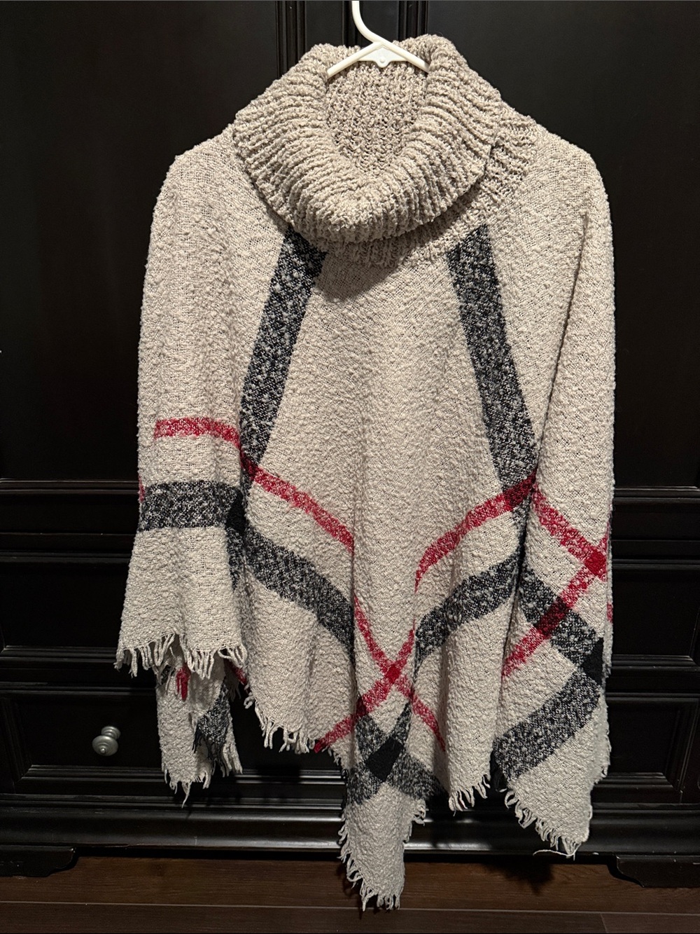 Turtleneck Plaid Poncho Sweater in Taupe with Black & Red Accents